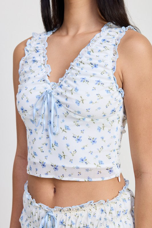 RUCHED FLORAL TOP WITH BOW DETAIL-Emory Park-[option4]-[option5]-[option6]-[option7]-[option8]-Shop-Boutique-Clothing-for-Women-Online