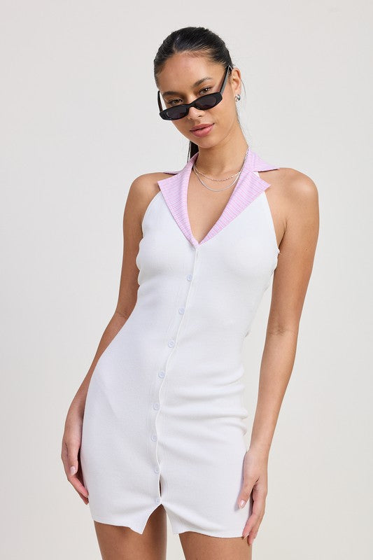 CONTRAST COLLAR RIBBED MINI HALTER DRESS-Emory Park-[option4]-[option5]-[option6]-[option7]-[option8]-Shop-Boutique-Clothing-for-Women-Online