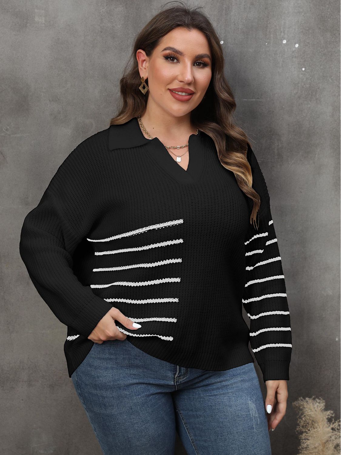 Plus Size Striped V-Neck Sweater-Sweaters-Trendsi-[option4]-[option5]-[option6]-[option7]-[option8]-Shop-Boutique-Clothing-for-Women-Online