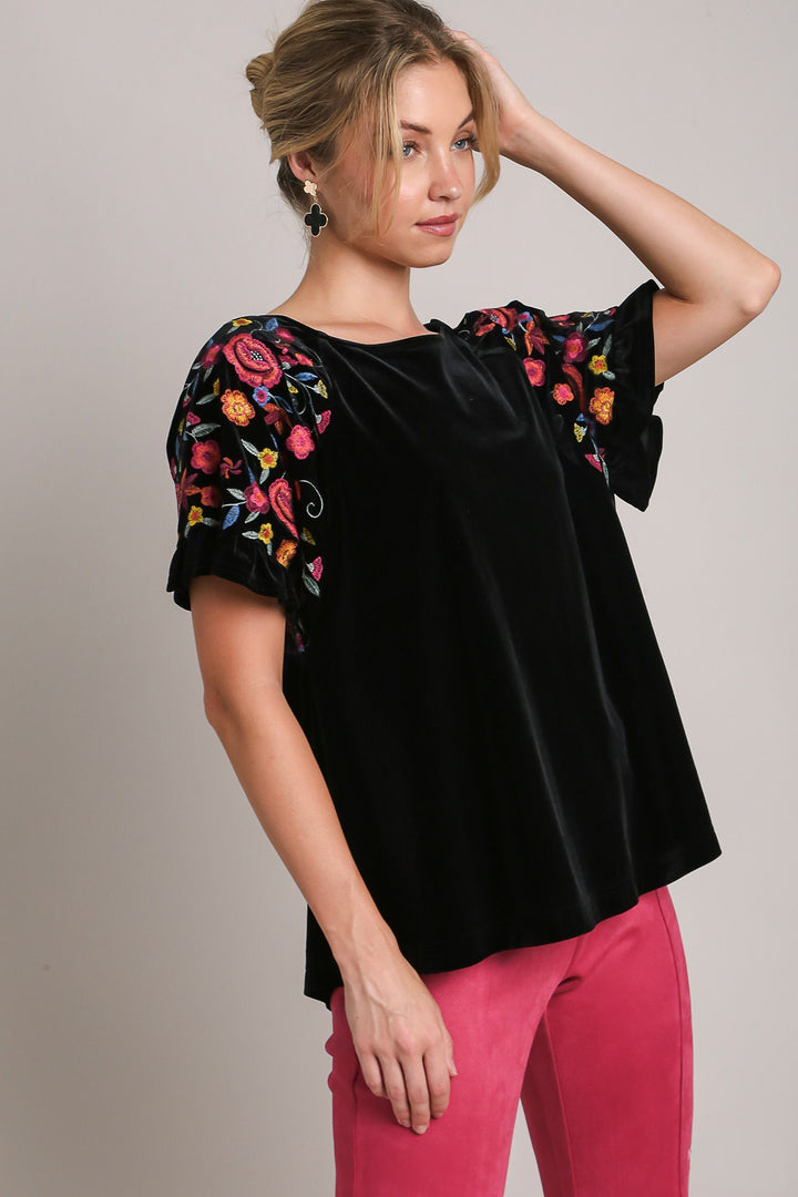 Umgee Velvet Embroidery Short Sleeve Blouse-Trendsi-Black-S-[option4]-[option5]-[option6]-[option7]-[option8]-Shop-Boutique-Clothing-for-Women-Online