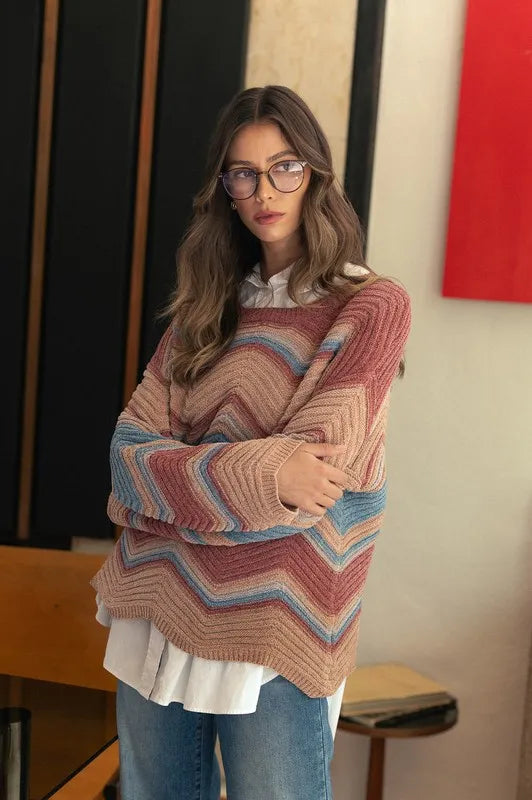 Annie Wear Multi Color Zig-Zag Round Neck Sweater-Sweaters-Trendsi-[option4]-[option5]-[option6]-[option7]-[option8]-Shop-Boutique-Clothing-for-Women-Online