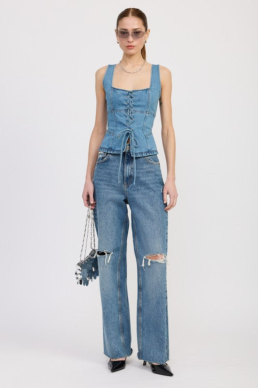 DENIM LACE UP BUSTIER TOP-Emory Park-[option4]-[option5]-[option6]-[option7]-[option8]-Shop-Boutique-Clothing-for-Women-Online