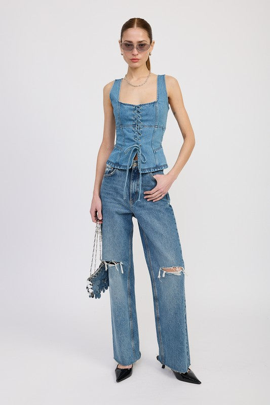 DENIM LACE UP BUSTIER TOP-Emory Park-[option4]-[option5]-[option6]-[option7]-[option8]-Shop-Boutique-Clothing-for-Women-Online