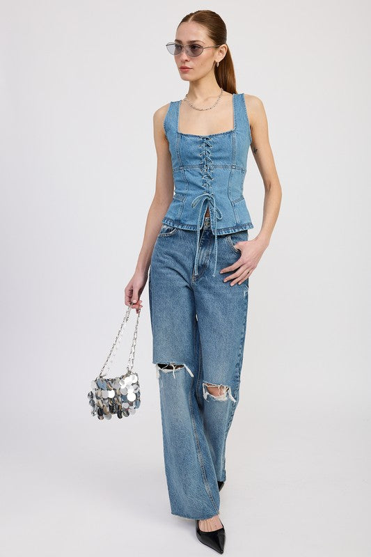 DENIM LACE UP BUSTIER TOP-Emory Park-[option4]-[option5]-[option6]-[option7]-[option8]-Shop-Boutique-Clothing-for-Women-Online