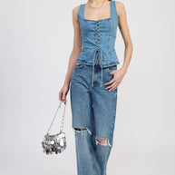 DENIM LACE UP BUSTIER TOP-Emory Park-[option4]-[option5]-[option6]-[option7]-[option8]-Shop-Boutique-Clothing-for-Women-Online