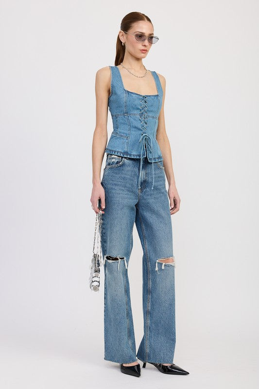 DENIM LACE UP BUSTIER TOP-Emory Park-[option4]-[option5]-[option6]-[option7]-[option8]-Shop-Boutique-Clothing-for-Women-Online