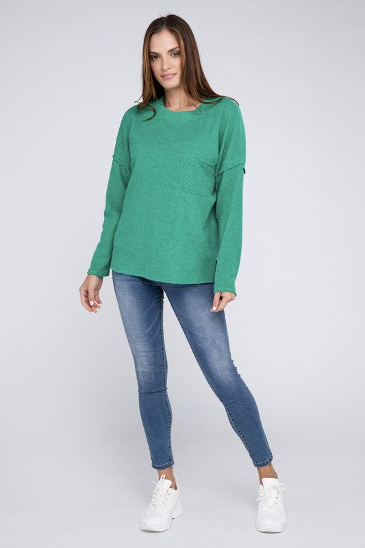 Zenana Ribbed Brushed Melange Hacci Sweater with a Pocket-ZENANA-[option4]-[option5]-[option6]-[option7]-[option8]-Shop-Boutique-Clothing-for-Women-Online