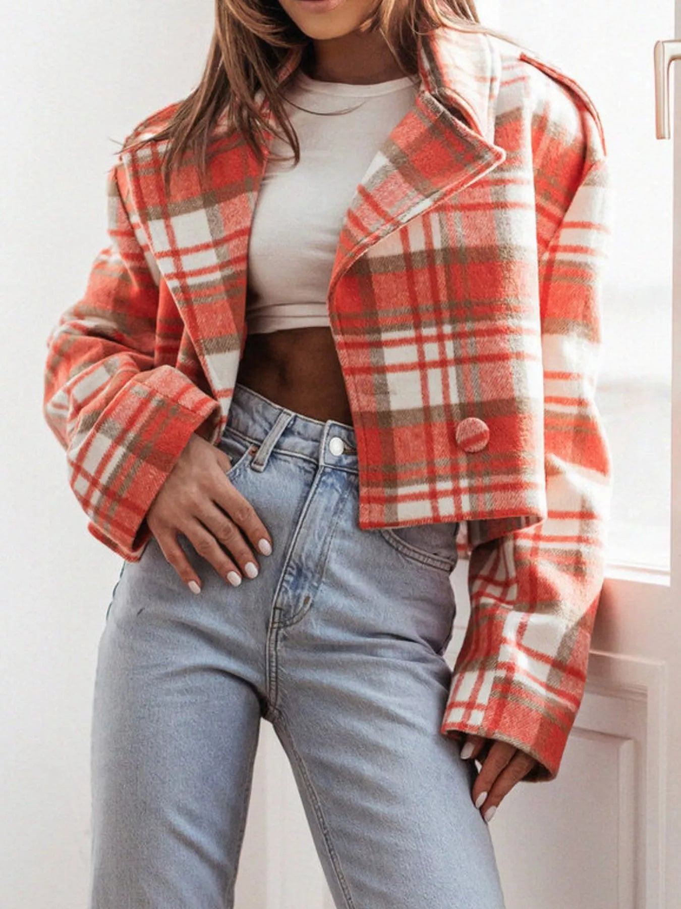 Plaid Lapel Collar Cropped Outerwear-jacket-Trendsi-[option4]-[option5]-[option6]-[option7]-[option8]-Shop-Boutique-Clothing-for-Women-Online