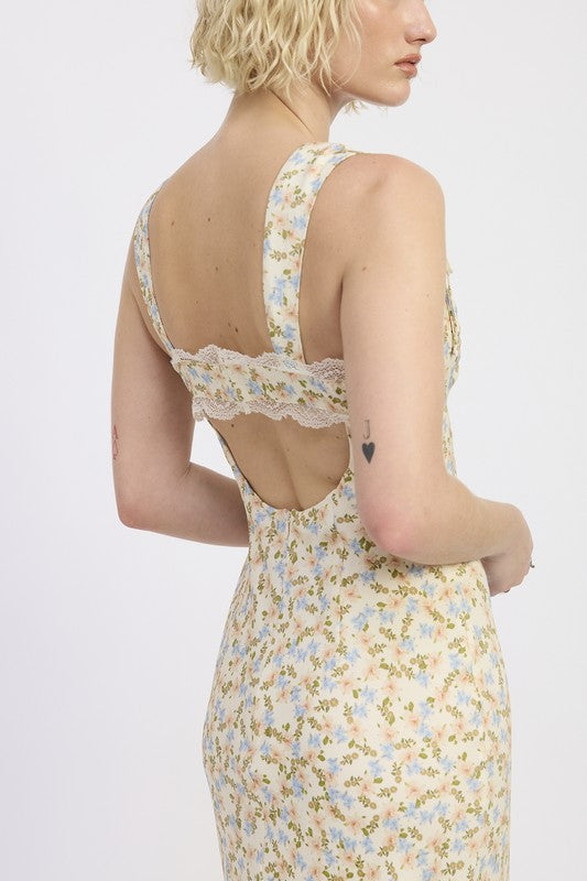 DITSY PRINT MIDI DRESS WITH CUTOUT AND LACE TRIM-Emory Park-[option4]-[option5]-[option6]-[option7]-[option8]-Shop-Boutique-Clothing-for-Women-Online