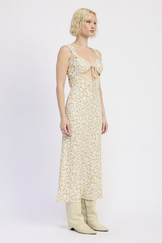 DITSY PRINT MIDI DRESS WITH CUTOUT AND LACE TRIM-Emory Park-[option4]-[option5]-[option6]-[option7]-[option8]-Shop-Boutique-Clothing-for-Women-Online