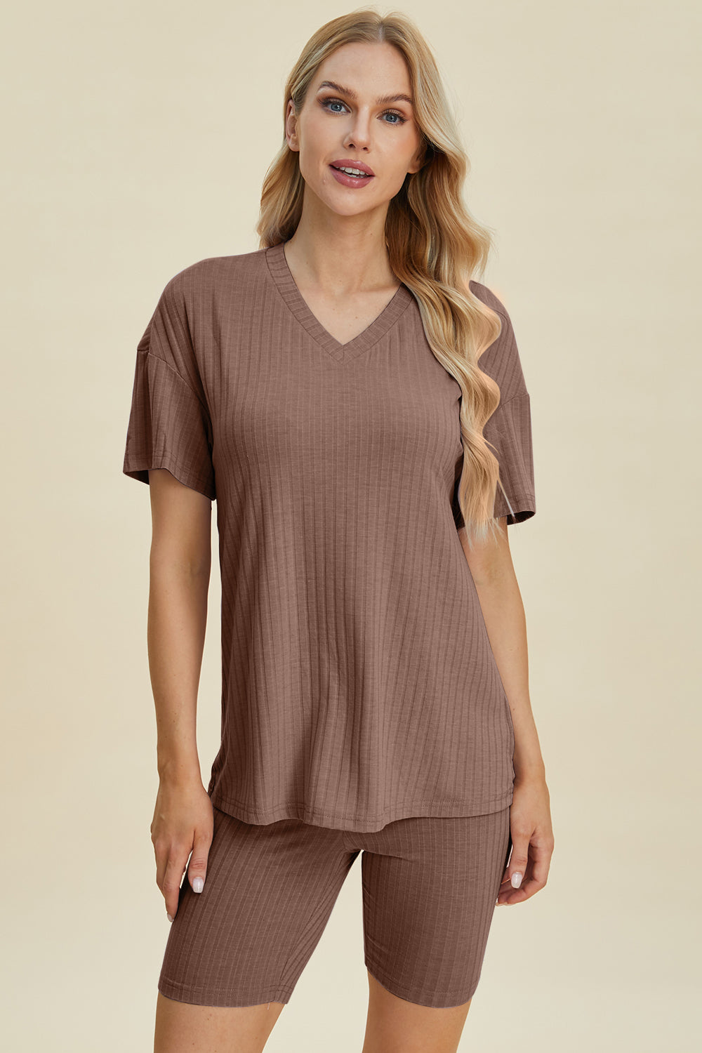 Basic Bae Ribbed V-Neck Short Sleeve Top and Shorts Set-Trendsi-Taupe-3XL-[option4]-[option5]-[option6]-[option7]-[option8]-Shop-Boutique-Clothing-for-Women-Online