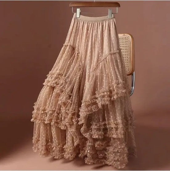 Mesh ruffle maxi skirt-Miss Sparkling-Brown-S-[option4]-[option5]-[option6]-[option7]-[option8]-Shop-Boutique-Clothing-for-Women-Online
