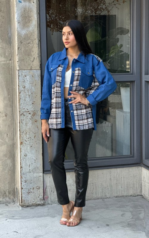 Oversized Denim & Plaid Print Jacket Top-ACG Los Angeles-[option4]-[option5]-[option6]-[option7]-[option8]-Shop-Boutique-Clothing-for-Women-Online