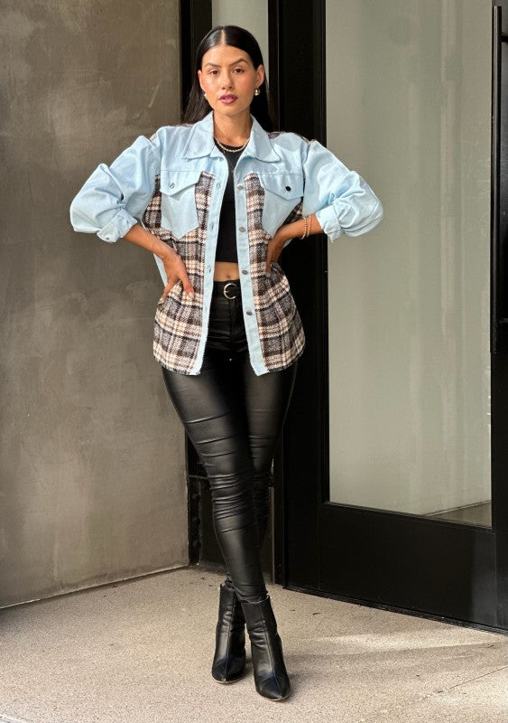 Oversized Denim & Plaid Print Jacket Top-ACG Los Angeles-[option4]-[option5]-[option6]-[option7]-[option8]-Shop-Boutique-Clothing-for-Women-Online