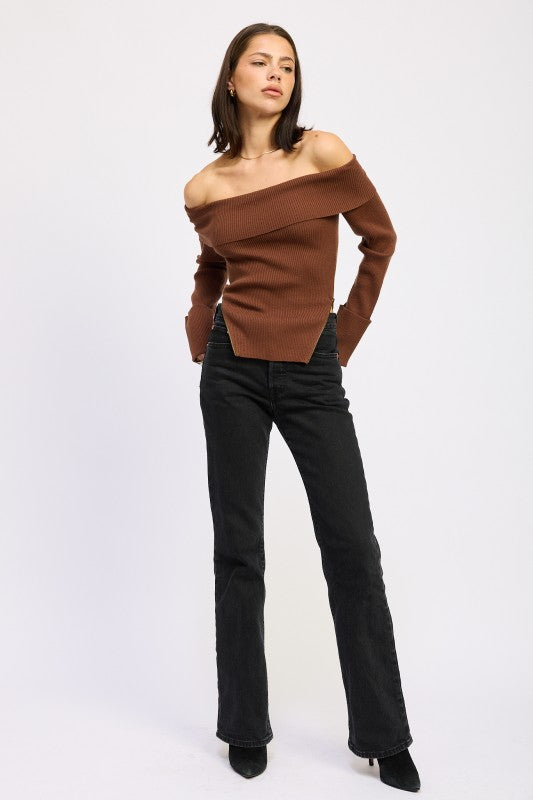 RIBBED OFF SHOULDER SWEATER WITH ZIPPER-Emory Park-[option4]-[option5]-[option6]-[option7]-[option8]-Shop-Boutique-Clothing-for-Women-Online