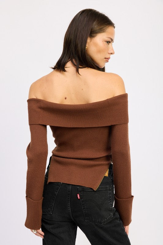 RIBBED OFF SHOULDER SWEATER WITH ZIPPER-Emory Park-[option4]-[option5]-[option6]-[option7]-[option8]-Shop-Boutique-Clothing-for-Women-Online