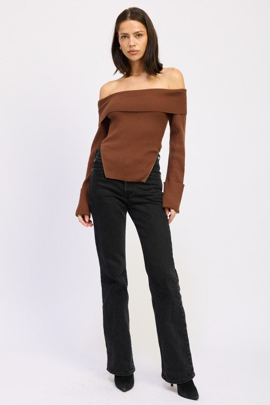 RIBBED OFF SHOULDER SWEATER WITH ZIPPER-Emory Park-[option4]-[option5]-[option6]-[option7]-[option8]-Shop-Boutique-Clothing-for-Women-Online