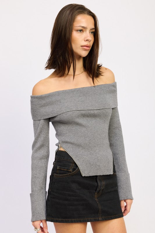 RIBBED OFF SHOULDER SWEATER WITH ZIPPER-Emory Park-[option4]-[option5]-[option6]-[option7]-[option8]-Shop-Boutique-Clothing-for-Women-Online