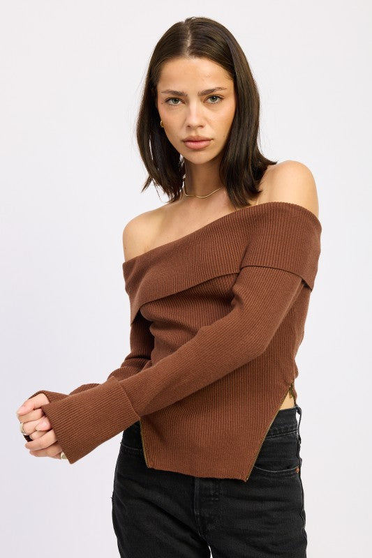 RIBBED OFF SHOULDER SWEATER WITH ZIPPER-Emory Park-[option4]-[option5]-[option6]-[option7]-[option8]-Shop-Boutique-Clothing-for-Women-Online