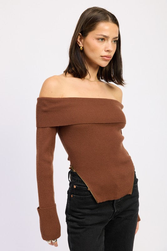 RIBBED OFF SHOULDER SWEATER WITH ZIPPER-Emory Park-[option4]-[option5]-[option6]-[option7]-[option8]-Shop-Boutique-Clothing-for-Women-Online