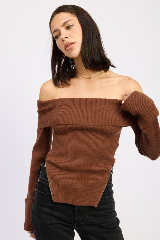 RIBBED OFF SHOULDER SWEATER WITH ZIPPER-Emory Park-[option4]-[option5]-[option6]-[option7]-[option8]-Shop-Boutique-Clothing-for-Women-Online