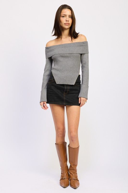 RIBBED OFF SHOULDER SWEATER WITH ZIPPER-Emory Park-[option4]-[option5]-[option6]-[option7]-[option8]-Shop-Boutique-Clothing-for-Women-Online