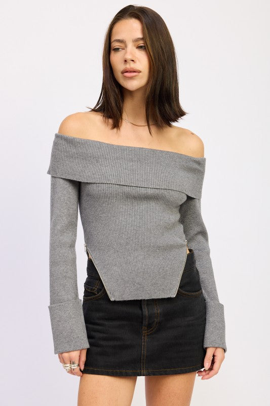 RIBBED OFF SHOULDER SWEATER WITH ZIPPER-Emory Park-[option4]-[option5]-[option6]-[option7]-[option8]-Shop-Boutique-Clothing-for-Women-Online
