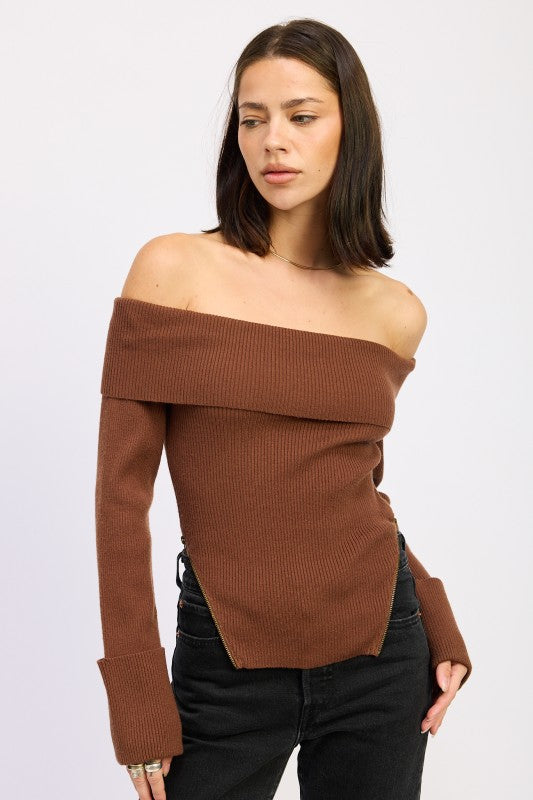 RIBBED OFF SHOULDER SWEATER WITH ZIPPER-Emory Park-[option4]-[option5]-[option6]-[option7]-[option8]-Shop-Boutique-Clothing-for-Women-Online