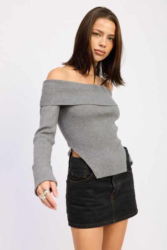RIBBED OFF SHOULDER SWEATER WITH ZIPPER-Emory Park-[option4]-[option5]-[option6]-[option7]-[option8]-Shop-Boutique-Clothing-for-Women-Online