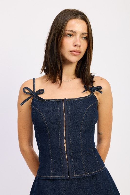 DENIM BUSTIER TOP WITH ZIPPER-Emory Park-DARK DENIM-S-[option4]-[option5]-[option6]-[option7]-[option8]-Shop-Boutique-Clothing-for-Women-Online