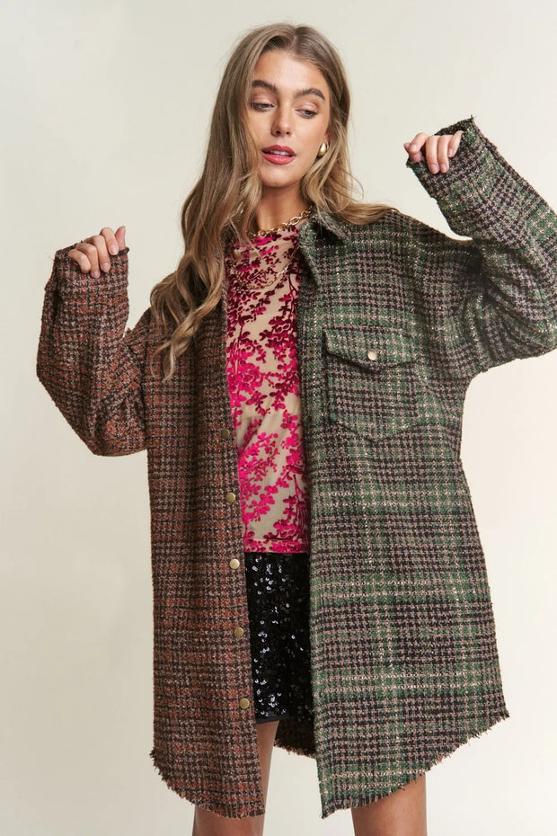 J.NNA Snap Down Tweed Plaid Contrast Longline Shacket-Womens Outerwear/Shacket-Trendsi-[option4]-[option5]-[option6]-[option7]-[option8]-Shop-Boutique-Clothing-for-Women-Online