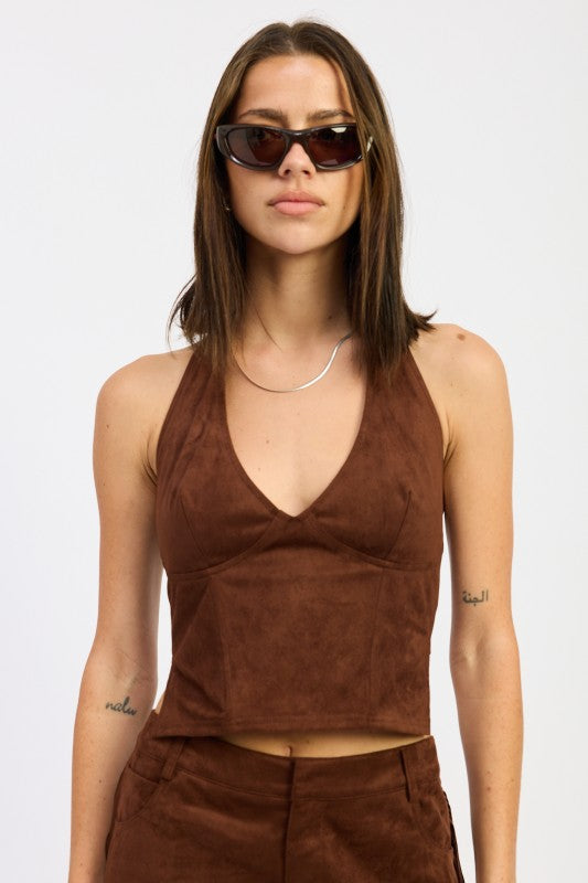 SUEDE HALTER TOP WITH BACK ZIPPER-Emory Park-BLACK-S-[option4]-[option5]-[option6]-[option7]-[option8]-Shop-Boutique-Clothing-for-Women-Online
