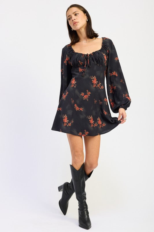 MINI LONG SLEEVE DRESS WITH SQUARE NECKLINE-Emory Park-BLACK FLORAL-S-[option4]-[option5]-[option6]-[option7]-[option8]-Shop-Boutique-Clothing-for-Women-Online