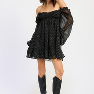 LONG SLEEVE SMOCKED BABY DOLL MINI DRESS-Emory Park-[option4]-[option5]-[option6]-[option7]-[option8]-Shop-Boutique-Clothing-for-Women-Online