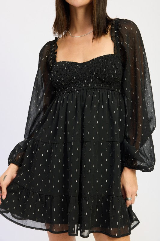 LONG SLEEVE SMOCKED BABY DOLL MINI DRESS-Emory Park-[option4]-[option5]-[option6]-[option7]-[option8]-Shop-Boutique-Clothing-for-Women-Online