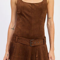 BELTED SUEDE PLEAT MINI DRESS-Emory Park-[option4]-[option5]-[option6]-[option7]-[option8]-Shop-Boutique-Clothing-for-Women-Online