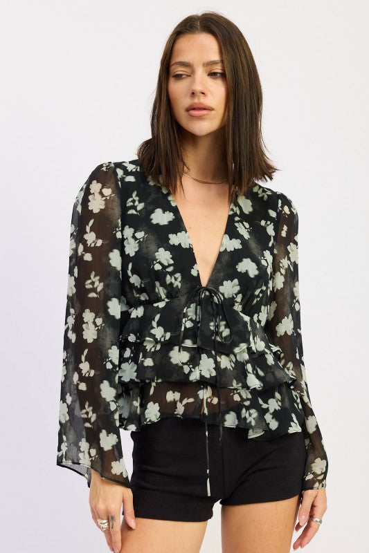 FLORAL TIE FRONT RUFFLED BLOUSE-Emory Park-[option4]-[option5]-[option6]-[option7]-[option8]-Shop-Boutique-Clothing-for-Women-Online