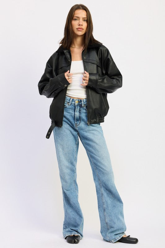 SHEARLING COLLAR VEGAN LEATHER JACKET-Emory Park-[option4]-[option5]-[option6]-[option7]-[option8]-Shop-Boutique-Clothing-for-Women-Online