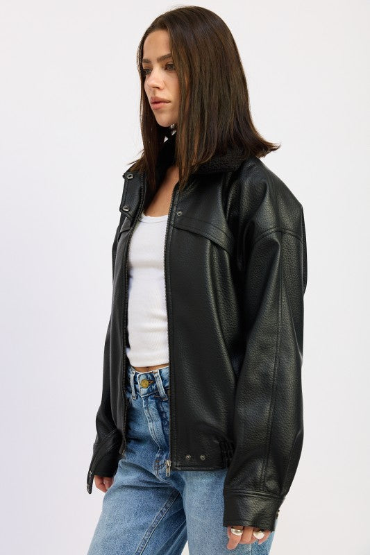 SHEARLING COLLAR VEGAN LEATHER JACKET-Emory Park-[option4]-[option5]-[option6]-[option7]-[option8]-Shop-Boutique-Clothing-for-Women-Online