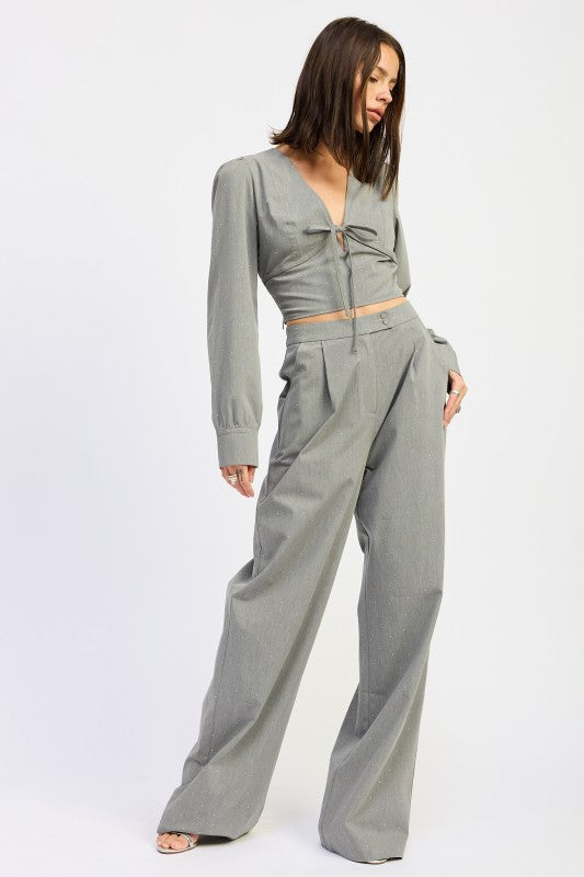 PLEATED WIDE LEG TROUSER WITH RHINESTONES-Emory Park-[option4]-[option5]-[option6]-[option7]-[option8]-Shop-Boutique-Clothing-for-Women-Online