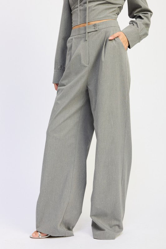 PLEATED WIDE LEG TROUSER WITH RHINESTONES-Emory Park-[option4]-[option5]-[option6]-[option7]-[option8]-Shop-Boutique-Clothing-for-Women-Online