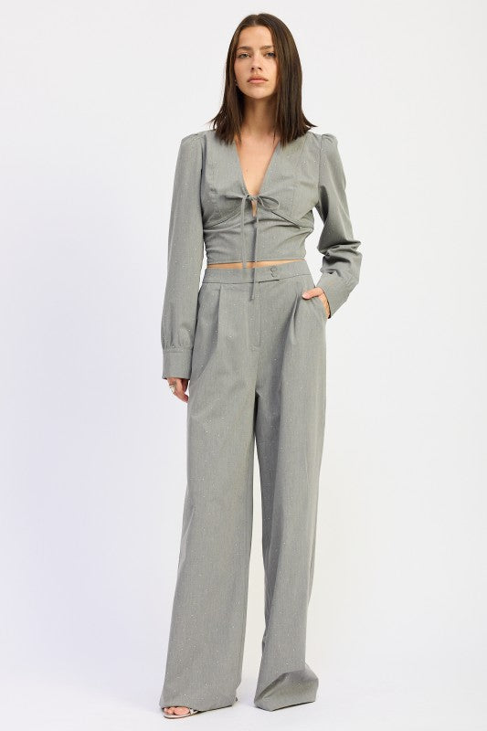 PLEATED WIDE LEG TROUSER WITH RHINESTONES-Emory Park-[option4]-[option5]-[option6]-[option7]-[option8]-Shop-Boutique-Clothing-for-Women-Online