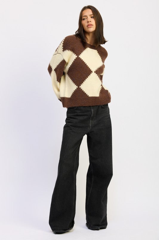 TWO TONE ARGYLE OVERSIZED SWEATER-Emory Park-[option4]-[option5]-[option6]-[option7]-[option8]-Shop-Boutique-Clothing-for-Women-Online