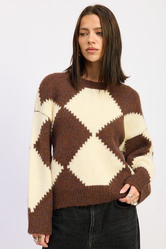 TWO TONE ARGYLE OVERSIZED SWEATER-Emory Park-[option4]-[option5]-[option6]-[option7]-[option8]-Shop-Boutique-Clothing-for-Women-Online