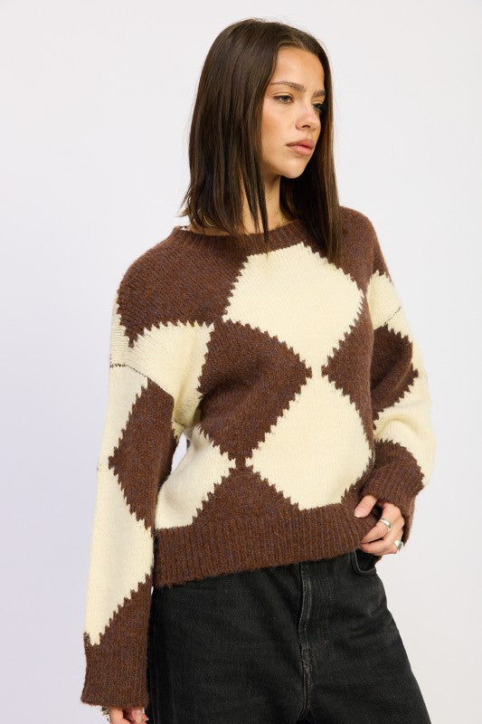 TWO TONE ARGYLE OVERSIZED SWEATER-Emory Park-[option4]-[option5]-[option6]-[option7]-[option8]-Shop-Boutique-Clothing-for-Women-Online