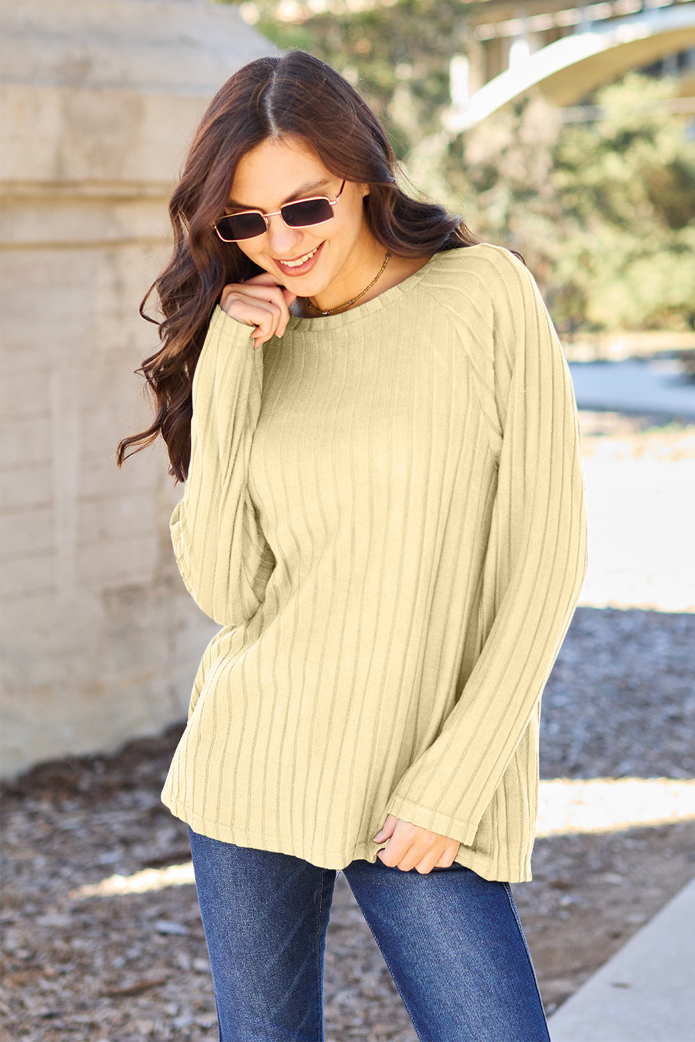 Basic Bae Ribbed Round Neck Long Sleeve Knit Top-Trendsi-Light Yellow-S-[option4]-[option5]-[option6]-[option7]-[option8]-Shop-Boutique-Clothing-for-Women-Online