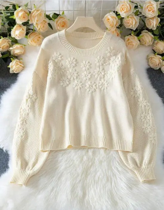 Embroidered 3D Daisy Knit Sweater-Miss Sparkling-Cream-S-[option4]-[option5]-[option6]-[option7]-[option8]-Shop-Boutique-Clothing-for-Women-Online