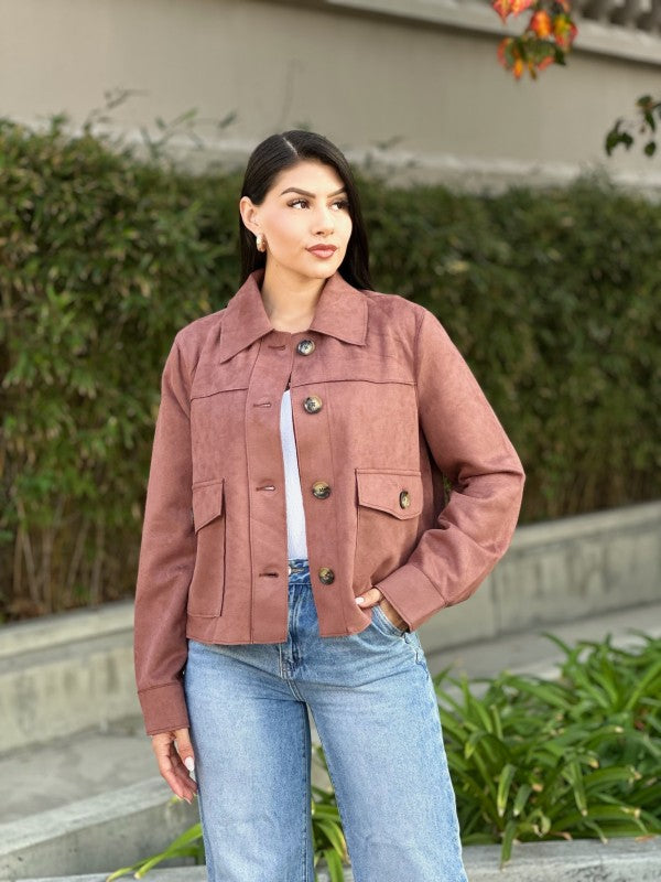 Suede Button Up Solid with Pockets Cropped Jacket-ACG Los Angeles-[option4]-[option5]-[option6]-[option7]-[option8]-Shop-Boutique-Clothing-for-Women-Online