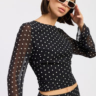 CROPPED POLKA DOT SHEER TOP WITH OPEN BACK TIE-Emory Park-[option4]-[option5]-[option6]-[option7]-[option8]-Shop-Boutique-Clothing-for-Women-Online