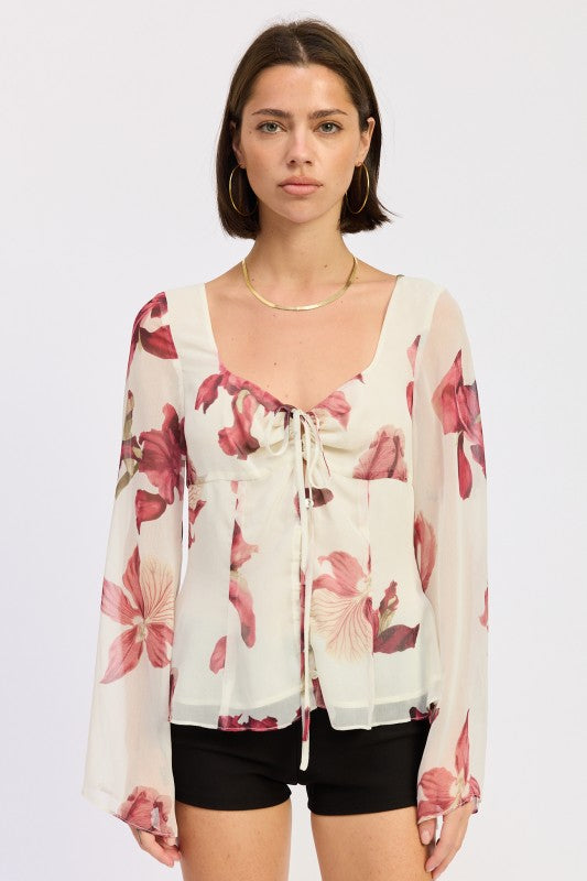 TIE FRONT LONG SLEEVE FLORAL BLOUSE-Emory Park-[option4]-[option5]-[option6]-[option7]-[option8]-Shop-Boutique-Clothing-for-Women-Online
